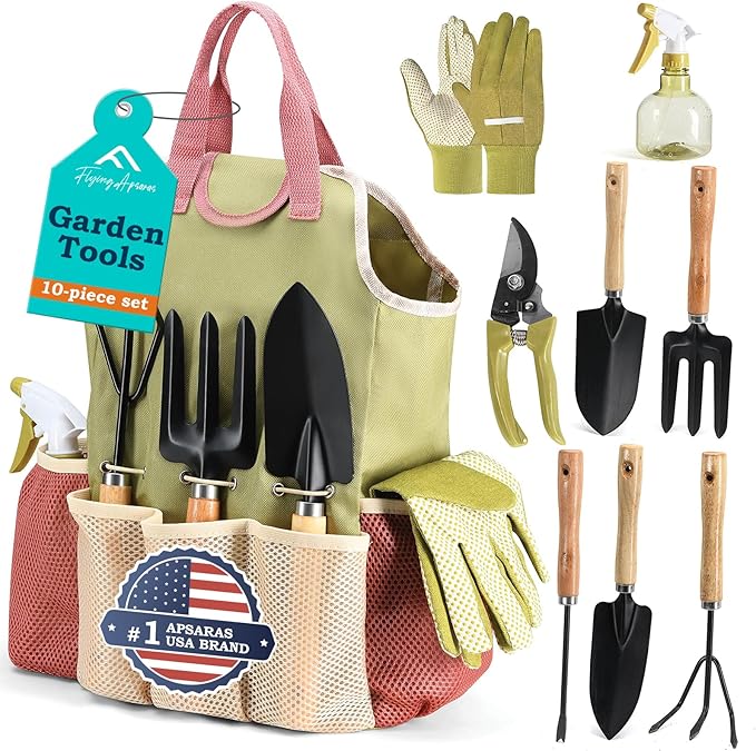 APSARAS USA Gardening Tools Garden Tool Set 10 Pieces Heavy Duty Sturdy Steel Gardening Tool Set with 600D Oxford Cloth Storage Tote Bag Durable Supplies Kit Perfect Garden Gifts for Father