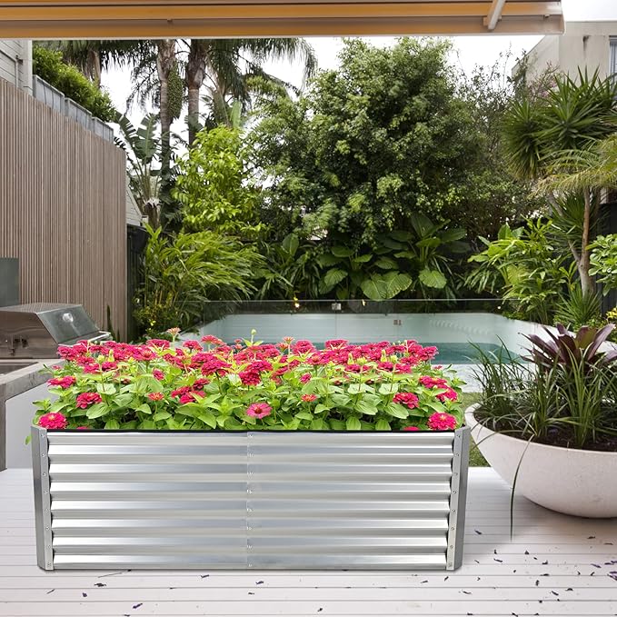 HAPPYGRILL 6x3x2 FT Raised Garden Bed Elevated Planter Box Kit with 4 Ground Stakes Outdoor Rectangular Metal Raised Garden Bed for Backyard Patio Vegetables Flowers Herbs Fruits Succulents