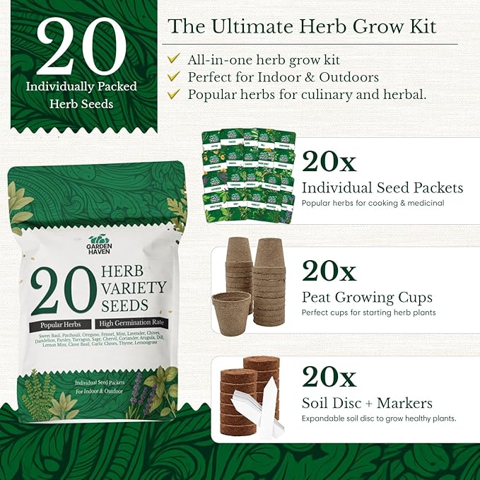20 HERB Seeds Variety Pack - Complete Grow Kit Culinary Herbs Indoor Outdoors Herb Seeds Basil Oregano Mint Thyme &amp More Individually Seed Packets Starter Kit (Seeds Only)