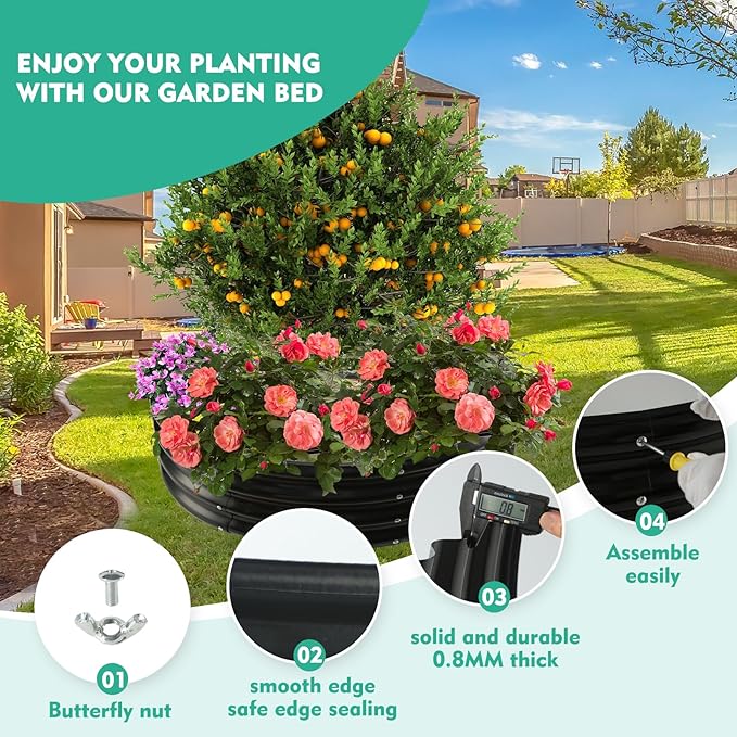 2.7FT Diameter Galvanized Garden Raised Bed/Plant Box/Fire Pit Ring - 0.8mm Thick12 Inch TallPerfect for Planting a Variety of FlowersHerbsVegetables (Black 32 Dia X 11.5 inches)