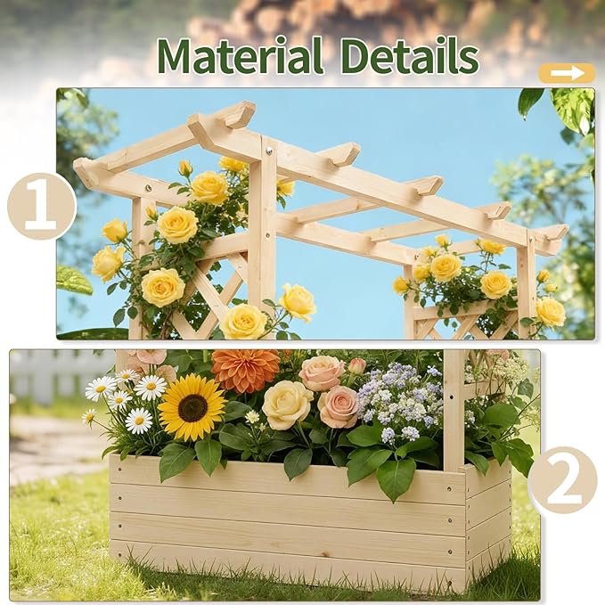 Outvita Raised Garden Bed with Trellis Wood Planter Box with Hanging Roof Side Trellis and Drainage Holes Above Ground Elevated Garden Bed for Outdoor Climbing Plants Vegetables (Natural Wood)