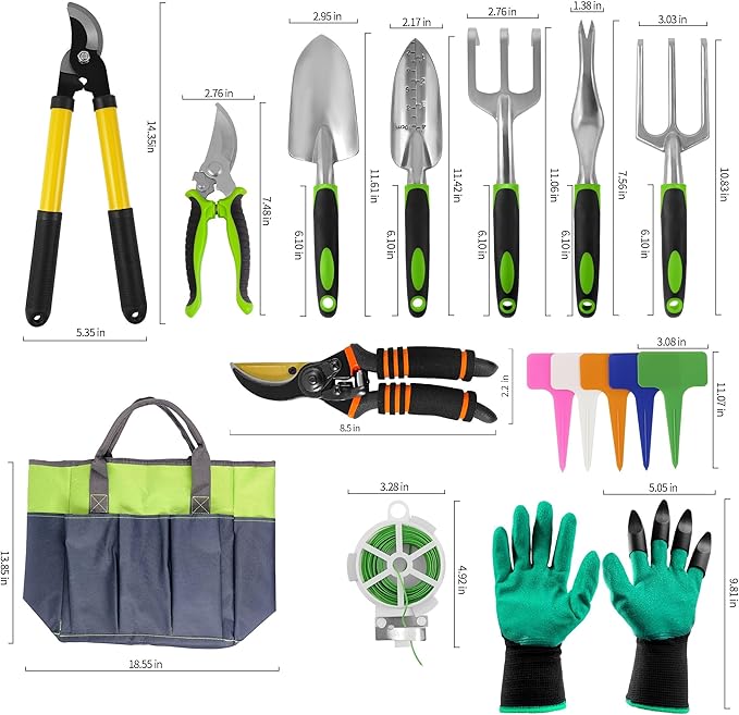 Gardening Tools – 42 Piece Premium Gardening Tool SetHeavy Duty Hand Tools with Fashion Garden Tools Organizer HandbagRust-Proof Gardening Tool Kit Ideal Gardening Gifts for All (Green/Grey)