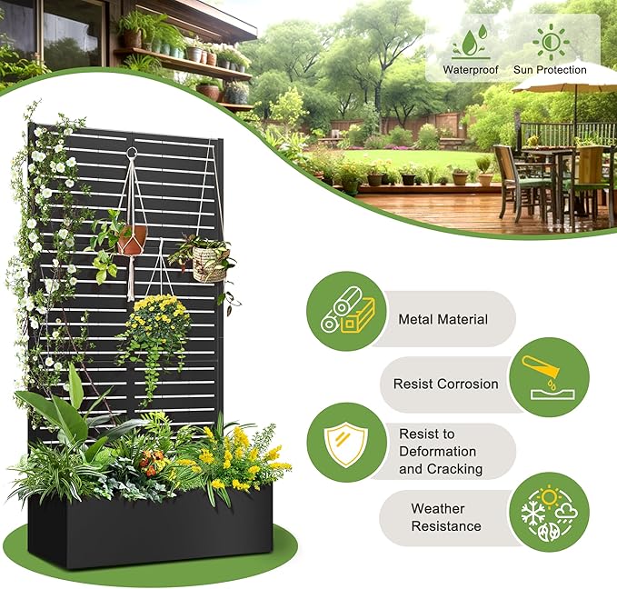 FENCY Metal Raised Garden Bed with Trellis Metal Planter Box with Trellis Garden Box for Climbing Plants Vegetable 35 Lx16 Wx71 H Garden Bed with Drainage Holes(Black-Louvered)