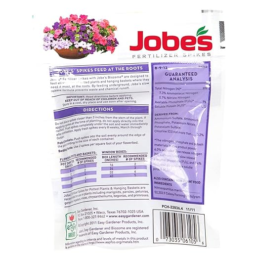 Jobe's Fertilizer Spikes for Flowering Plants 8-9-12 Time Release Fertilizer for Hanging Baskets andPotted Plants 18 Spikes per Package (4 Pack)