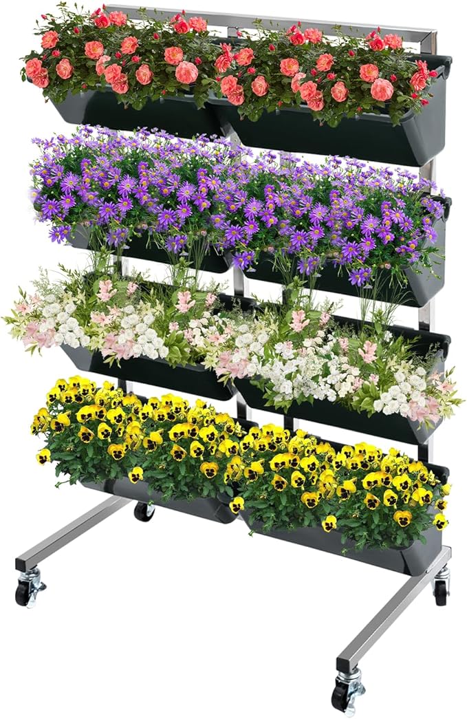 CNCEST 4 Tier Raised Garden Bed with 8PCS BucketsStainless Steel Herb Garden Planter Outdoor with Drainage HolesFloor Standing Flowerpot Bracket Balcony for Vegetable Planting (Dark Green)
