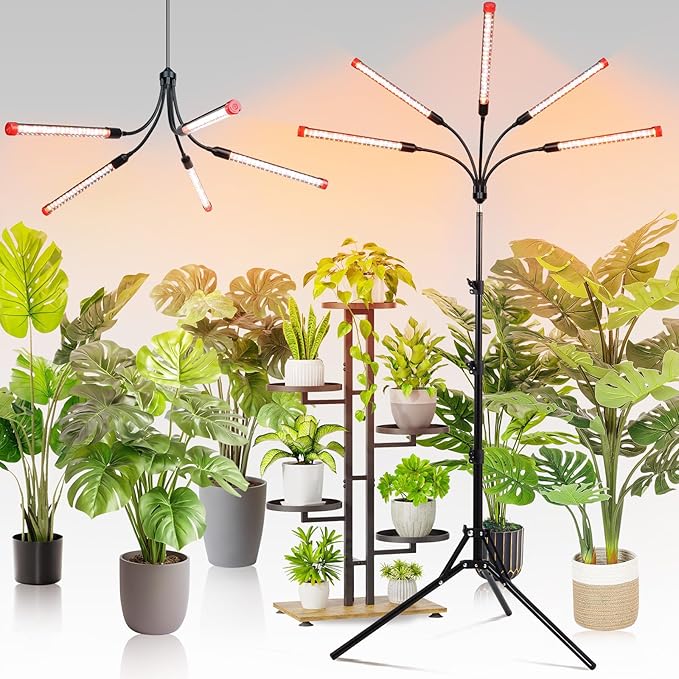 FECiDA Gamechanger! 45 Watt Power Draw NO Need Adapter 5Head Grow Light with Tripod Stand 2026 Big Coverage LED Grow Lights for Indoor Tall Plants Bonsai Tree 4/8/12/16/20H Timer