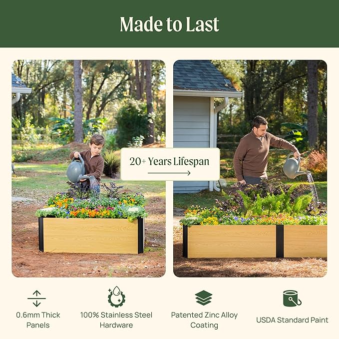 Vego garden Woodgrain Series Raised Garden Bed 16'' Tall 4' x 4' Wooden-Look Metal Planter Box Outdoor for Gardening Vegetables Flowers Herbs