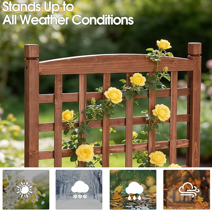 Outvita Mobile Wood Planter Box with Trellis &amp Locking Wheels Standing Raised Garden Bed with Drainage Holes for Outdoor Climbing Plants Vine Flowers Herbs (Cedar Brown)