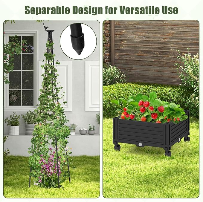 Giantex Set of 2 Rolling Raised Garden Bed with Climbing Trellis Obelisk &amp Bird Top 11 Fasten Straps Gloves Planter Garden Boxes on Wheels Self-Watering System PE-Coated Metal Rack