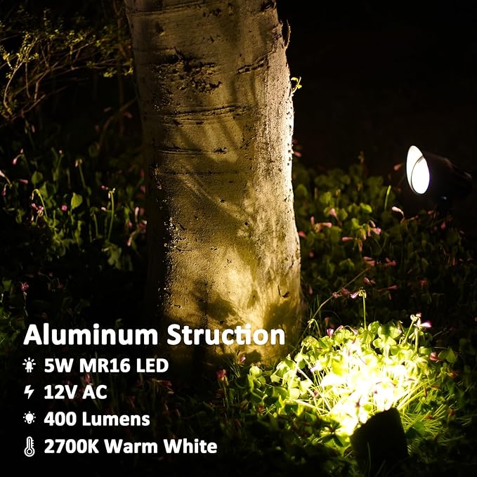 Low Voltage Spotlight 2PK Landscape Lighting 5W LED Floodlight 12V Metal Spot Light 400 Lumen 2700K Warm White Spike Stake and Connector for Garden Yard Lawn Driveway
