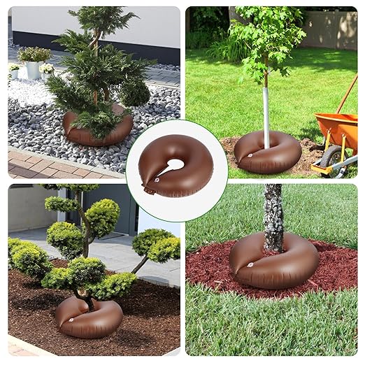 TezhiIe 2 Pack 25 Gallon Tree Watering Bags Brown Reusable PVC Watering Donuts for Trees Deep Root &amp Low-Profile Slow Release Watering Ring Bag for Newly Planted Multi-Trunk or Evergreen Tree