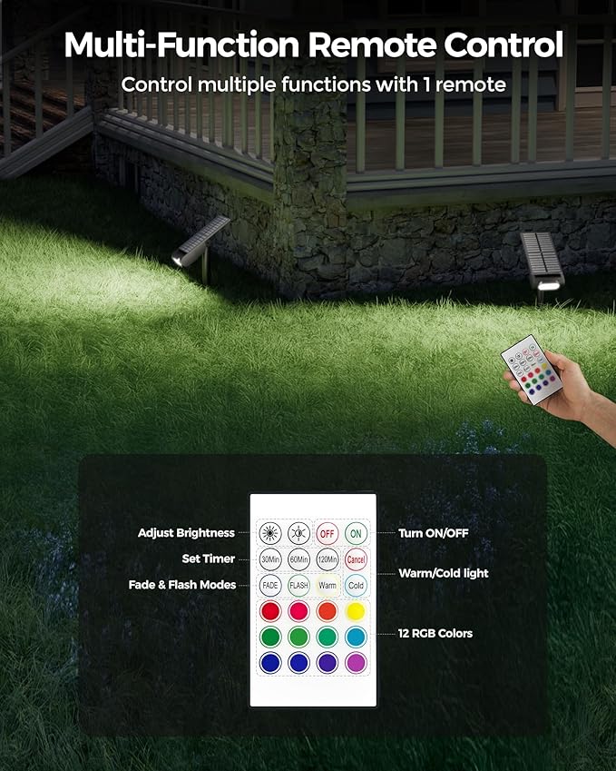 RGB Christmas Solar Spot Lights Outdoor 12 RGB Color Modes Landscape Light Waterproof IP67 with Remote Control 2-in-1 Color Changing RGB/Cool/Warm White for Yard Garden Garden (6 Pack)