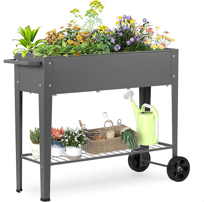 DDK Outdoor Heavy Duty Metal Raised Garden Bed with Legs (Dark Gray)