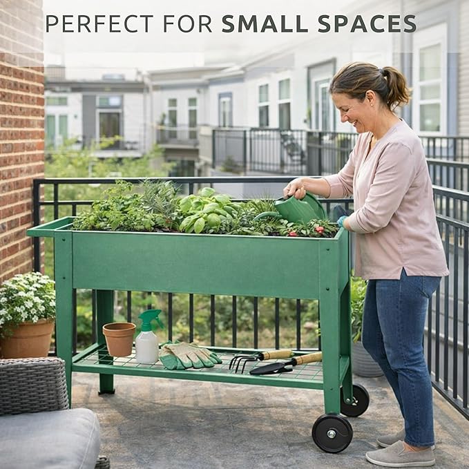 InSideOut Elevated 40 Raised Garden Bed Outdoor with Wheels &amp Shelf for Mobility Metal Planter Box for Vegetables/Herbs Patio-Balcony-Backyard (Sage Green)