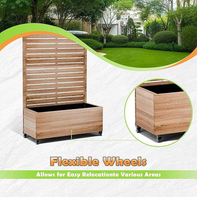 Metal Raised Garden Bed with Trellis 2-in-1 Planter Box &amp Privacy Screen for Climbing Plants Outdoor Standing Flower Bed with Drainage Holes 35.4 L x 15.7 W x 70.1 H Cut Oak Grain