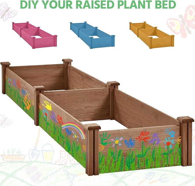 Topeakmart 95 x 25 x 11inches Wooden Elevated Raised Garden Bed 8x2ft Raised Kit Divisible - Garden Planter Boxes for Vegetables Outdoor Outside Brown