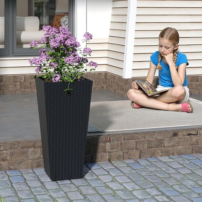 HAPPYGRILL 30 Tall Flower Pot Set of 2 Modern Decorative Planter Pots w/Open-Ended Base PE Rattan Frame Non-Woven Soil Bag Square Textured Flower Pots for Outdoor Garden Patio Front Porch