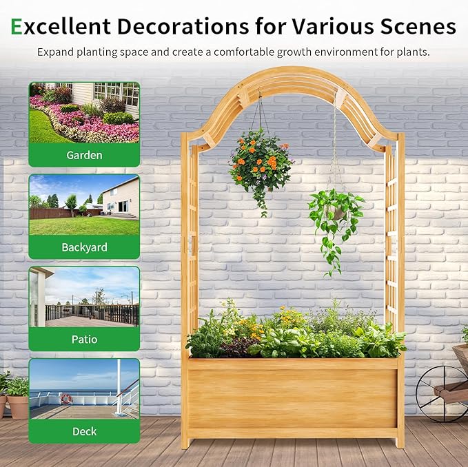 SUNYRISY Raised Garden Bed with Arch Trellis Wooden Outdoor Vertical Planter Box for Climbing Plant Vine Flowers Vegetables Planter Raised Bed with Hanging Roof and Drainage Holes