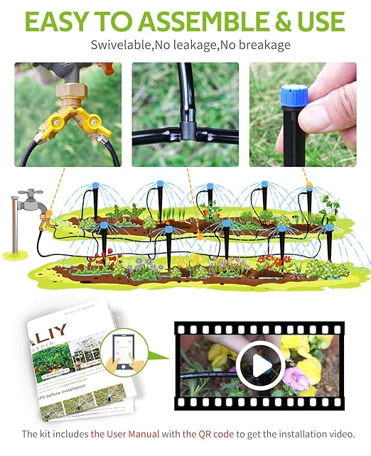 HIRALIY 100ft Drip Irrigation Kit Plant Watering System 8x5mm Blank Distribution Tubing DIY Automatic Irrigation Equipment Set for Garden Greenhouse Flower Bed Patio Lawn
