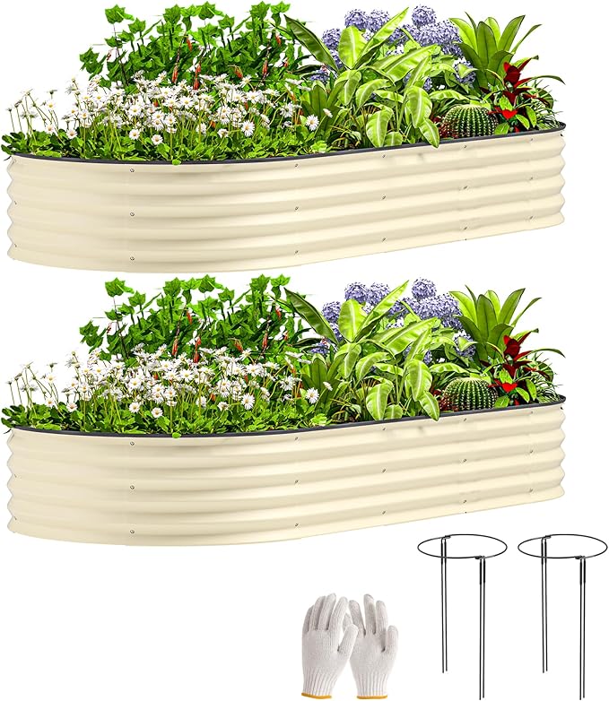 Outsunny 2PCS Galvanized Raised Garden Bed 7' x 3' x 1' Raised Beds for Gardening with Plant Support Stakes Rubber Strap Edging and Gloves Metal Planter Box for Vegetables Flowers Cream White