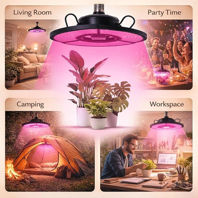 Grow Lights for Indoor Plants 360 LEDs Full Red Blue Light 90° Collapsible Adjustable Height with E27 Base - Full Coverage Durable Heat Dissipation Ideal for Indoor