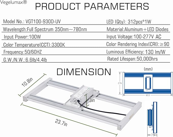 100W LED Grow Light BarUV IR Diodes IncludedSunlike Full Spectrum Growing Lamp for Horticulture Indoor Plant Growth Veg Flowering Fruiting3300KAluminum Heat SinkPower Dimmable