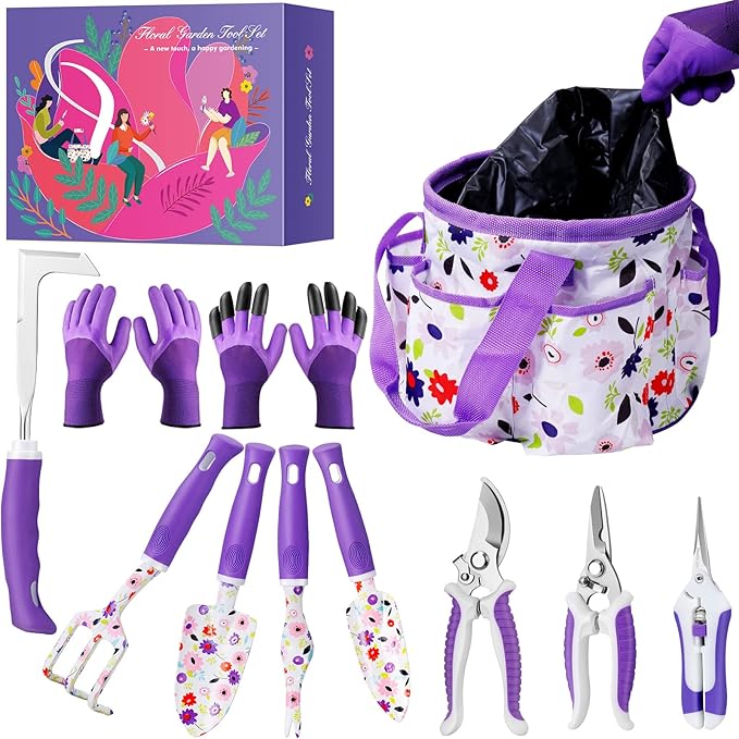Floral Purple Garden Tool Set Gardening Gifts for WomenGarden Pruning Shears SetHeavy Duty Gardening Tools KitStorage Tote Bucket Bag OrganizerBirthday Gifts for Her