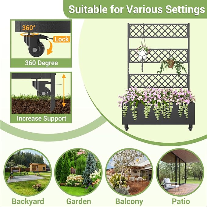 Metal Planter Box with Trellis Privacy Screen 67x41x16 Raised Garden Bed with Trellis Privacy Planter Boxes with Planting Bag &amp Lockable Casters for Climbing PlantsVegetablesand Vines