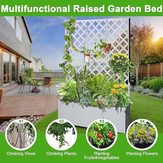 CuisinSmart Metal Raised Garden Bed with Trellis and Wheels 72.83x46.46x11.81 Planter Box for Climbing Plants Vegetables &amp Vines Features Drainage Holes and Privacy Screen