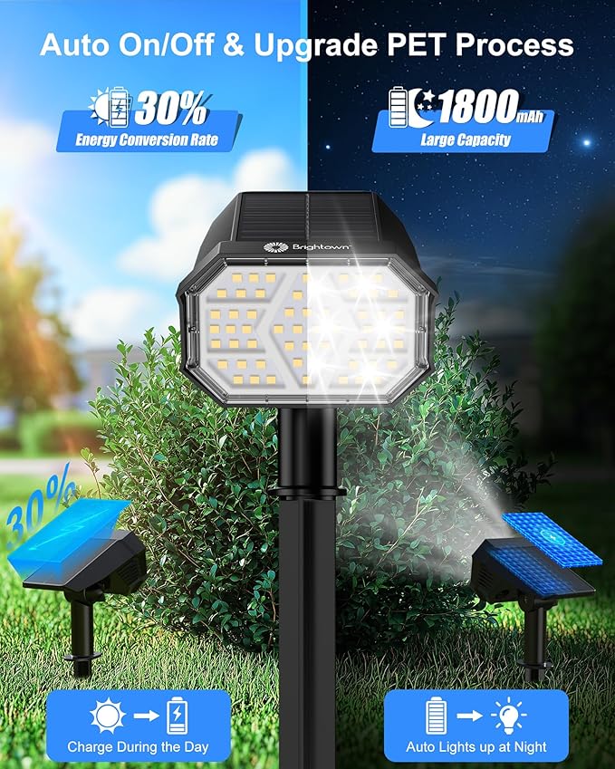 Brightown 4Pack Solar Spot Lights Outdoor with 58 LED &amp 1800mAh IP67 Solar Lights Outdoor Waterproof with 3 Light Modes 2-in-1 Dual Use Outdoor Solar Lights for Yard Garden and Pathway (Cool Wh