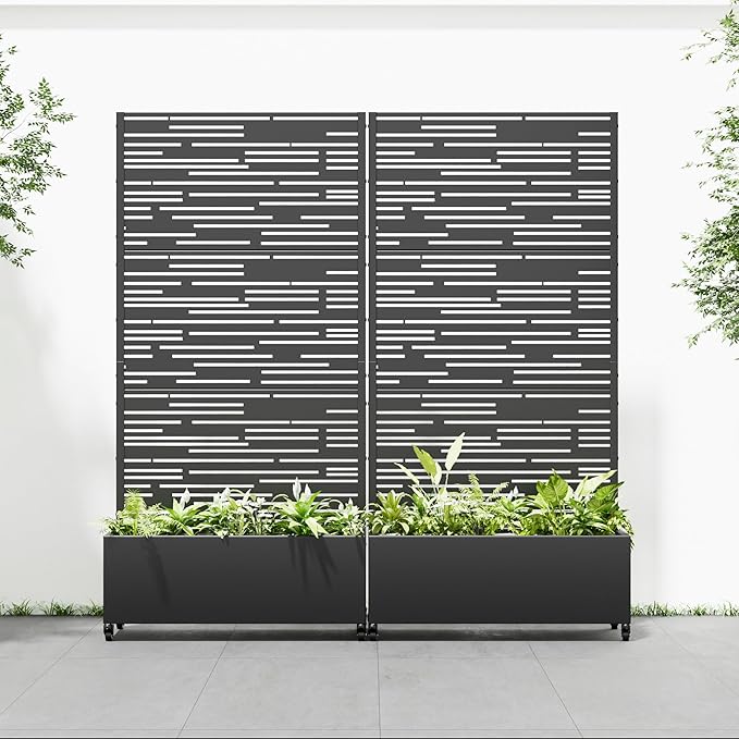 Casaphoria 72x35 Metal Raised Garden Bed with Trellis(2 Pack) Outdoor Planter Box with Wheels &amp Drainage Holes for Climbing Plants Flowers Elevated Garden Kit with Privacy Screen Black-Shine