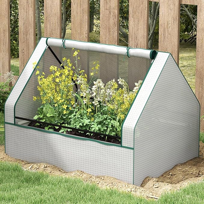 Mini Greenhouse Outdoor Galvanized Raised Garden Bed with Cover Outdoor Planter Box for Herbs and Vegetables (White)