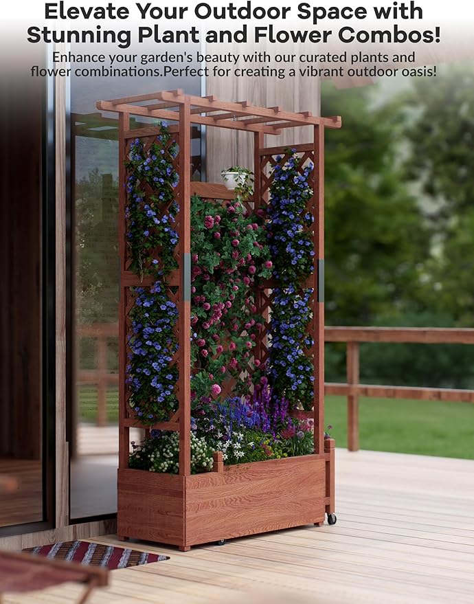 Raised Garden Bed with Trellis Wood Planter Box with Hanging Roof Side Trellis &amp Drainage Freestanding Garden Planter for Climbing Plants Vegetables Flowers