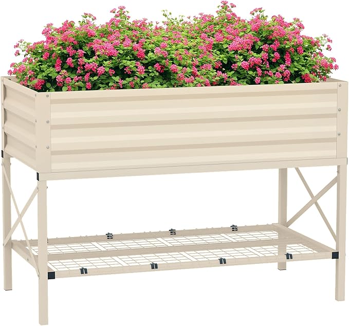 Outsunny Raised Garden Bed with Galvanized Steel Frame Storage Shelf and Bed Liner Elevated Planter Box with Legs for Vegetables Flowers Herbs Cream