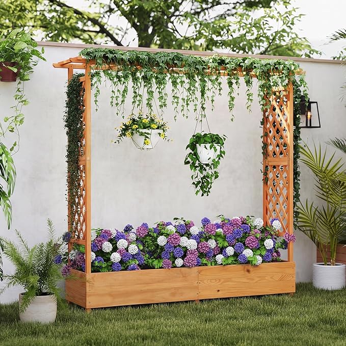 BECOMFORT Raised Garden Bed with Trellis &amp Hanging Roof 72 Tall Fir Wood Planter Box with Drainage Holes Outdoor Elevated Garden Planter for Climbing Vines (Orange 77 Lx17 Wx72 H)