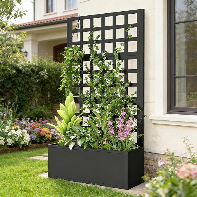 Galvanized Steel Raised Garden Bed with Trellis - Heavy-Duty Metal Planter Box for Vegetables &amp Climbing Plants Weather-Resistant Outdoor Vertical Garden Kit (Black)
