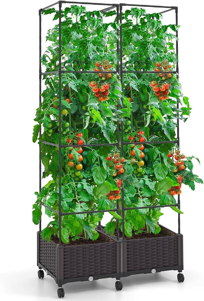 Giantex Set of 2 Raised Garden Bed with Tomato Cages 67” Adjustable Height Self Watering Planter Garden Box with Wheels Trellis for Climbing Plants Vegetable Flower