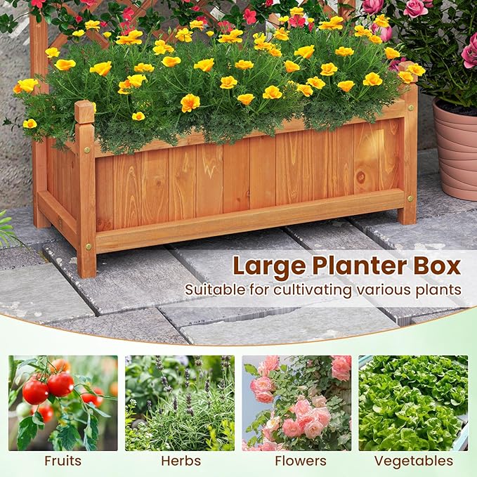MAT EXPERT Raised Garden Bed with Trellis Lattice Panel with Hanging Roof Drainage Hole Planter Box for Flower Vine Elevated Outdoor Planter for Garden