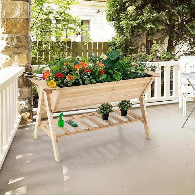 Giantex Raised Garden Bed Wood Planter Raised Bed with Storage Shelf Outdoor Plant Box Black Liner Drainage Hole Elevated Freestanding Garden Box for Patio Backyard Balcony 59x31x32.5