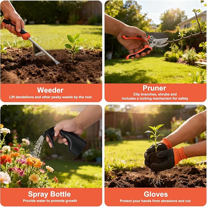 Yesker Gardening Tools 9-Piece Heavy Duty Garden Tool Set Gardening Supplies Gifts for Women Men Gardening Hand Tool Kit with Non-Slip Ergonomic Handle Garden Bag Durable Gloves and Shears Orange
