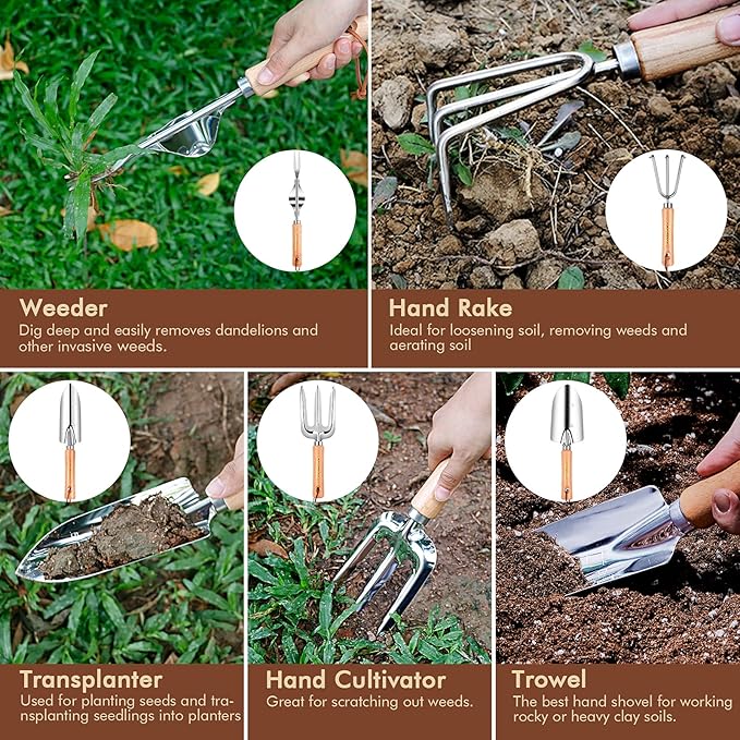 Gardening Tools - YAUNGEL 10 Pcs Garden Tool Set Heavy Duty Stainless Steel Gardening Supplies Hand Tools with Wooden Handle Storage Tote Bag Ideal Garden Gifts for Women and Men Pink