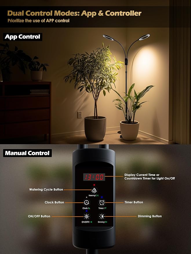 Smart Grow Lights for Indoor Plants48W 2-Head Plant Light with Auto-Timer Full Spectrum LED Grow Light Adjustable Height &amp Stepless DimmingPlant Assistant Suitable for Most Plants (Black 48W)