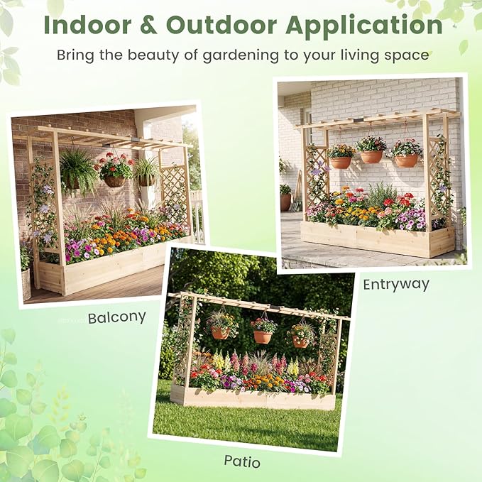 BECOMFORT Raised Garden Bed with Trellis &amp Hanging Roof 45 Tall Fir Wood Planter Box with Drainage Holes Outdoor Elevated Garden Planter for Climbing Vines Perfect for Patio Lawn &amp Backya