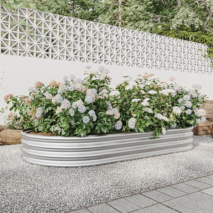Raised Garden Bed Outdoor - Oval Large Metal Raised Planter Bed for Plants Vegetables and Flowers - Silver