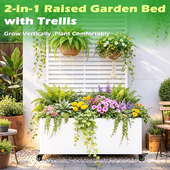 Metal Planter Box with Trellis 43” L x 16” W x 71” H Raised Garden Bed with Wheels Privacy Planters for Patio Metal Planter Box with Drainage Holes White