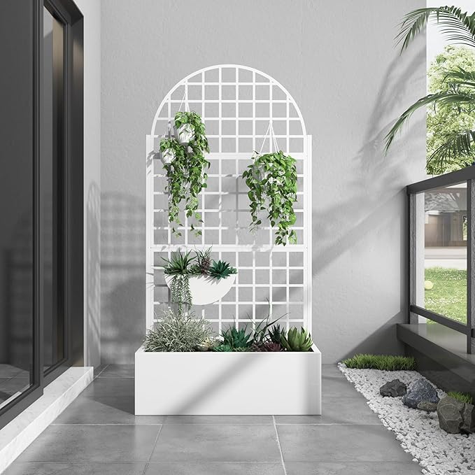 Casaphoria Metal Raised Garden Bed with Trellis and Wheels 72x35x16 Arched Planter Box for Climbing Plants Vegetables &amp Vines Features Drainage Holes and Privacy Screen White-Grid