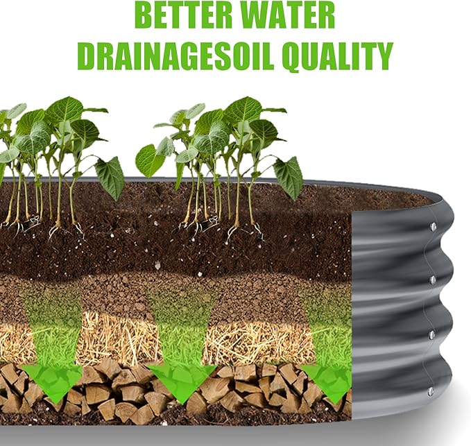Land Guard 8×2×1ft Galvanized Raised Garden Bed Kit 108 Gallon Capacity Raised Garden Boxes Outdoor Oval Metal Raised Garden Beds for Vegetables Modern Grey(with 10 Connecting rods)