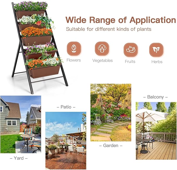 5-tier Vertical Garden Planter Box Heavy-duty and Powder-coated Iron Pipes Elevated Raised Bed with 5 Container Box Each Garden Planter Box 19.5'' x 7.5'' x 6.5''