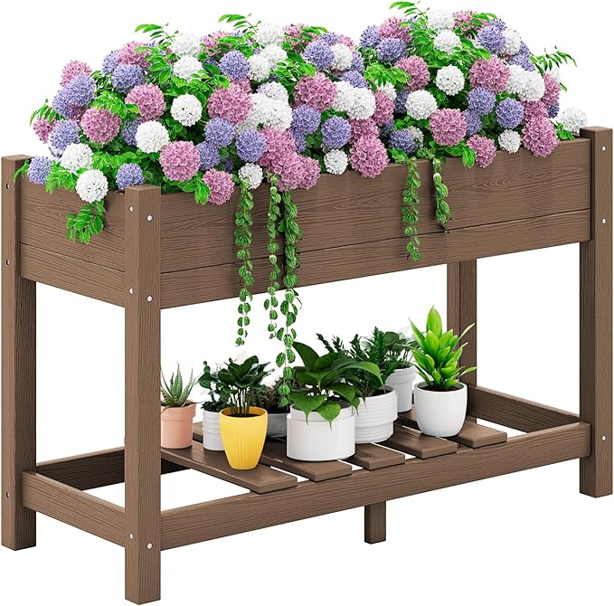 SERWALL Raised Garden Bed with Legs 43×17×30 Large HDPE Elevated Planter Box for Vegetables Flower Herb Patio All Weather Use- Brown