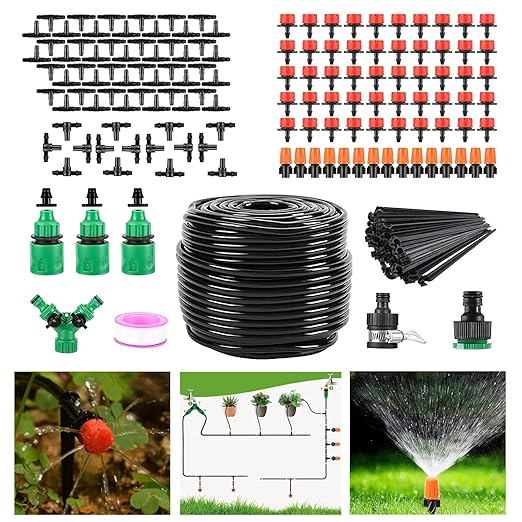 KOCASO 164FT Drip Irrigation System KitAutomatic Watering System Misting Plant Watering Drip Kit with 2 Kinds of Nozzles &amp 3Pcs Quick Connectors for GardenGreenhouse PatioLawn